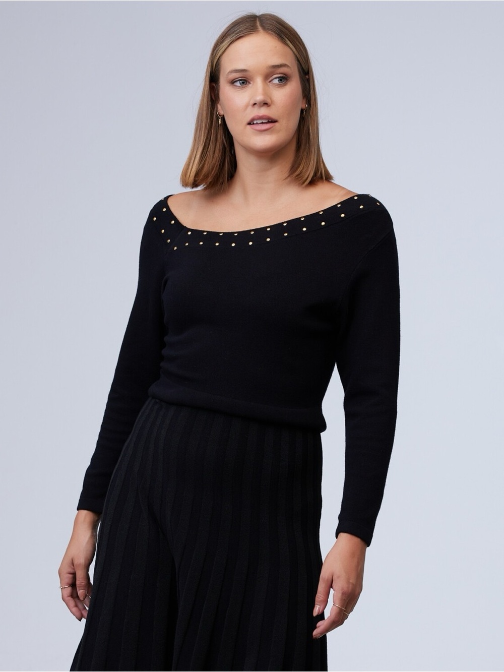 NWT EMMA & MICHELE Asymmetrical Neckline Sweater Dress, Gold Stud Details